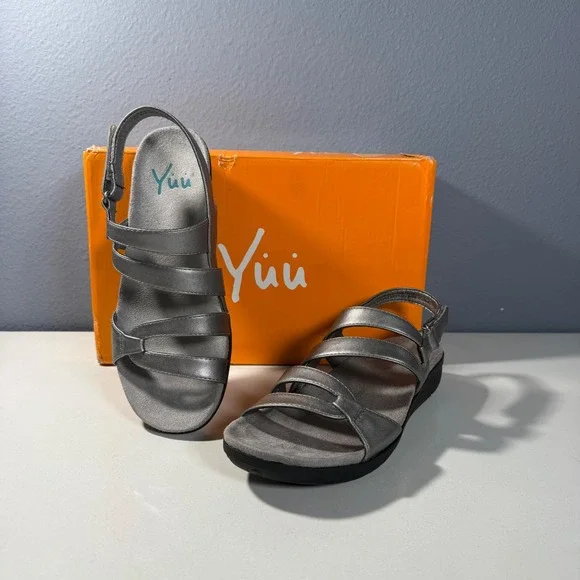 Yuu Janne Women Metallic Pewter Wedge Sandals Strappy Slingback 6M BTS16-10422 - Picture 3 of 8